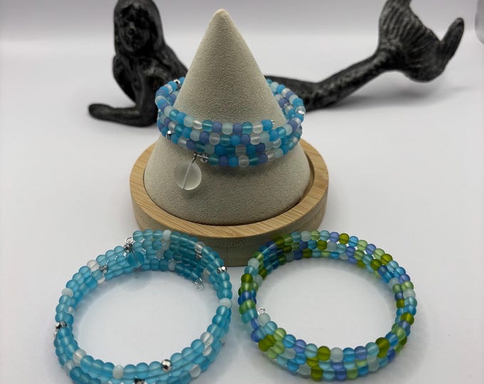 Shades of Blue Seaglass Memory Wire Bracelets | Seaglass Jewelry | Beach Glass Bracelet | 4mm Rounds | Blue Seaglass