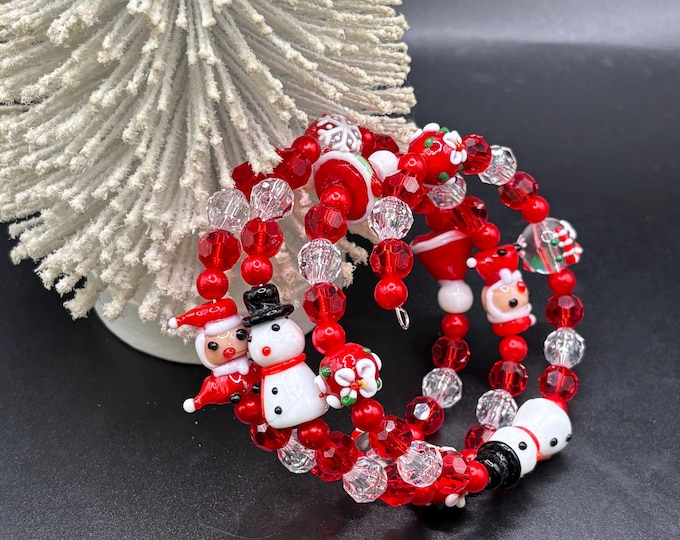 Christmas | A Lampwork Glass Statement Bracelet:  Holiday Cuff Bracelet |  Multi Strand Bracelet | Memory Wire Bracelet |