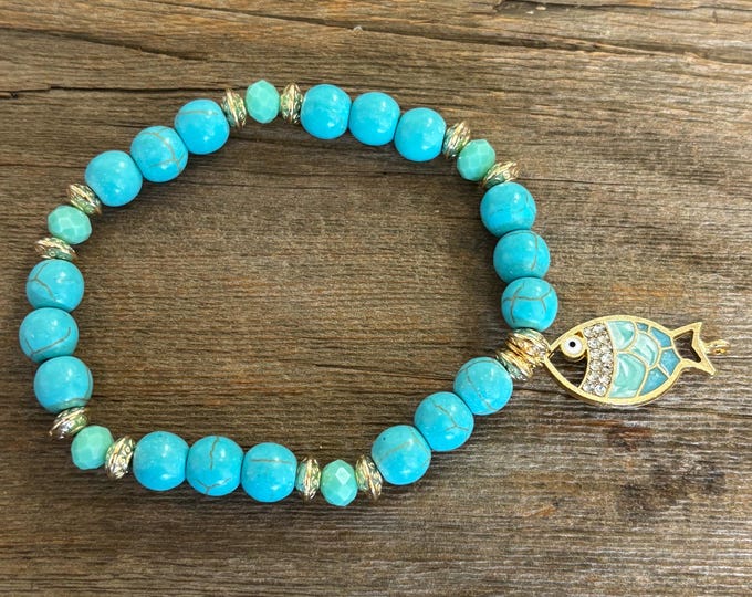Larimar Gemstones | Gemstone bracelet  | Fish Charm | Stretch Bracelet
