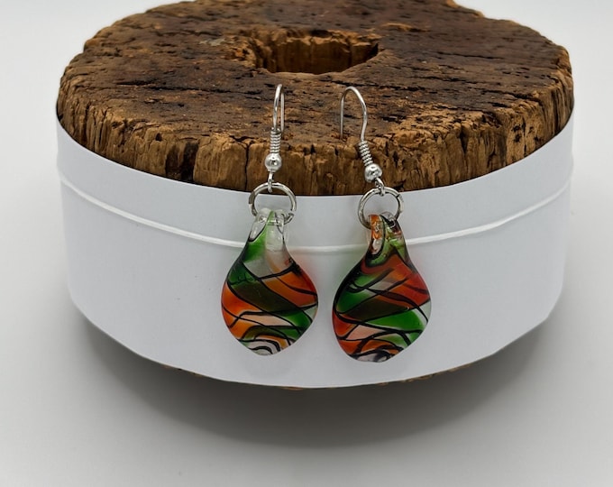 Orange Leaf Drop Earrings |  Murano Inspired Lamp Work  |  Colorful Glass Earrings