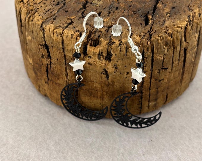 Black Filagree Moon Earrings  | Silver Star Accents |  Moon and Star Earrings |