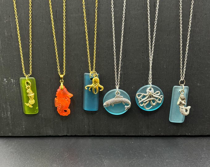 Seaglass Necklaces |  Green Seaglass | Blue  Seaglass Necklace with Charm | Mermaid Charm