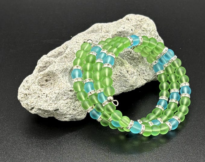Green and Blue Seaglass Bracelet | Seaglass Jewelry | Seaglass Bracelet |  Seaglass Memory Wire Bracelet |