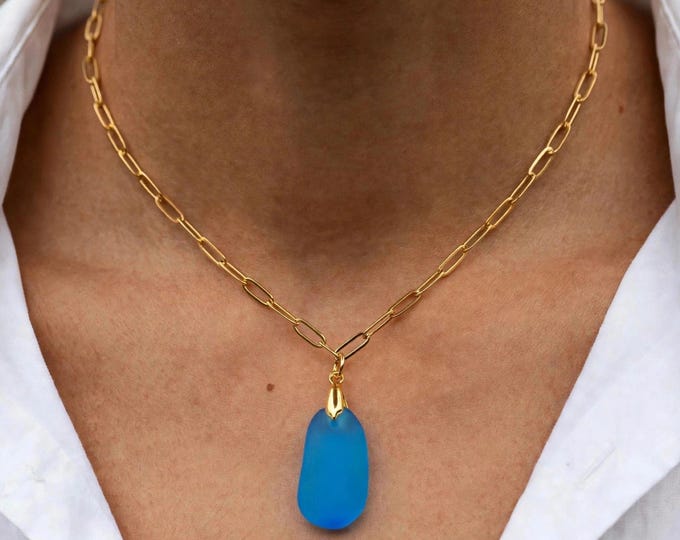 Pacific Blue Seaglass Necklace | Blue Seaglass | Seaglass Necklace |  Paper Clip Style Jewelry Gold Chain | Seaglass Pendant