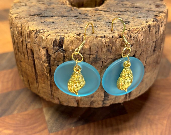 Blue Seaglass Earrings | Blue Seaglass | Seaglass Earrings with Charm | Shell Charm