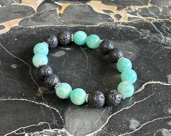Amazonite and Black Lava Rock | Amazonite bracelet | Lava  bracelet | Gemstone bracelet | Stretch Bracelet