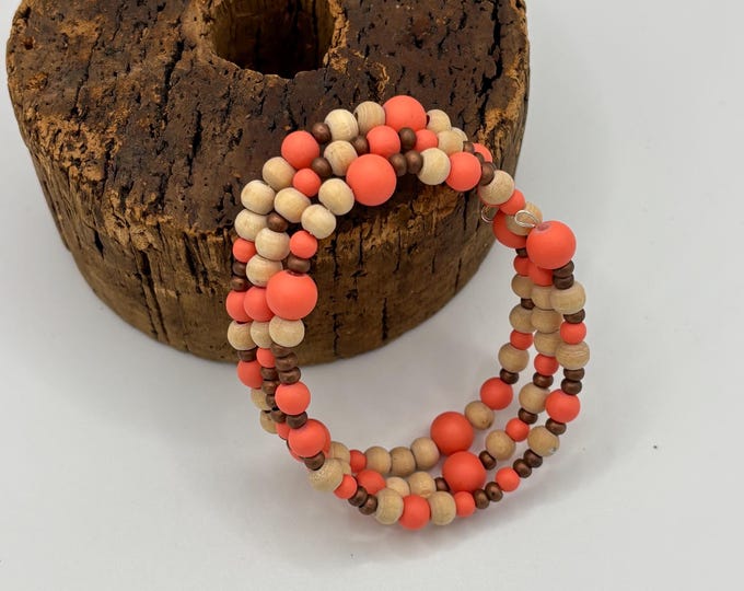 Salmon and Tan  Wooden Beads | Oval Memory Wire Bracelet | Multi-Strand Bracelet |