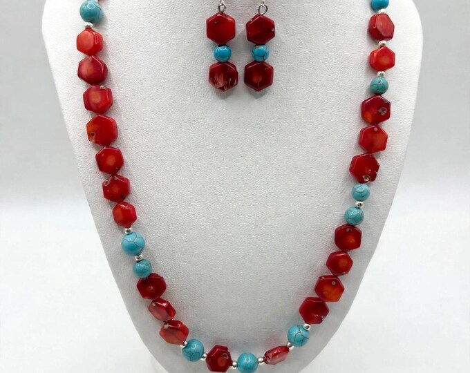 Coral and Turquoise Gemstone  Necklace | Gemstone Necklace  | Western Statement Necklace | 19 inch | Set option