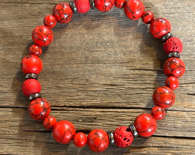 Red Turquoise Gemstones | Red Lava Rock | Stretch Bracelet | Mens or Ladies Bracelet