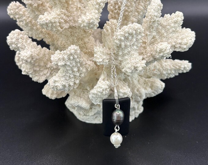 Black Seaglass Necklace | Black Seaglass | Seaglass Necklace with Freshwater Pearls |