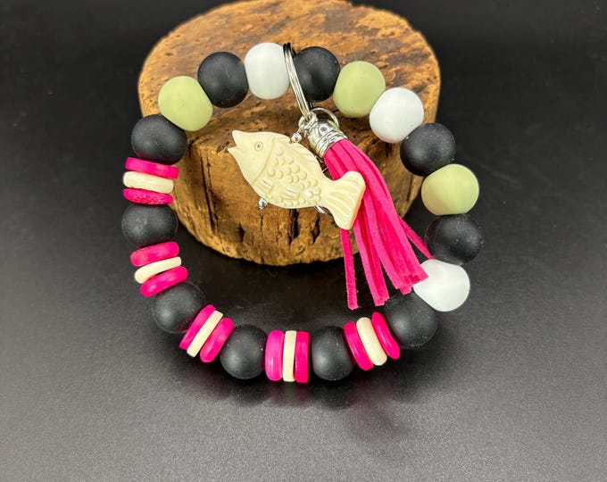 Beach Theme  Beaded Wristlet Keychain  | Keychain with Silicone and Bonefish Charm | Keychain | Key Fob | Wristlet | Cruise