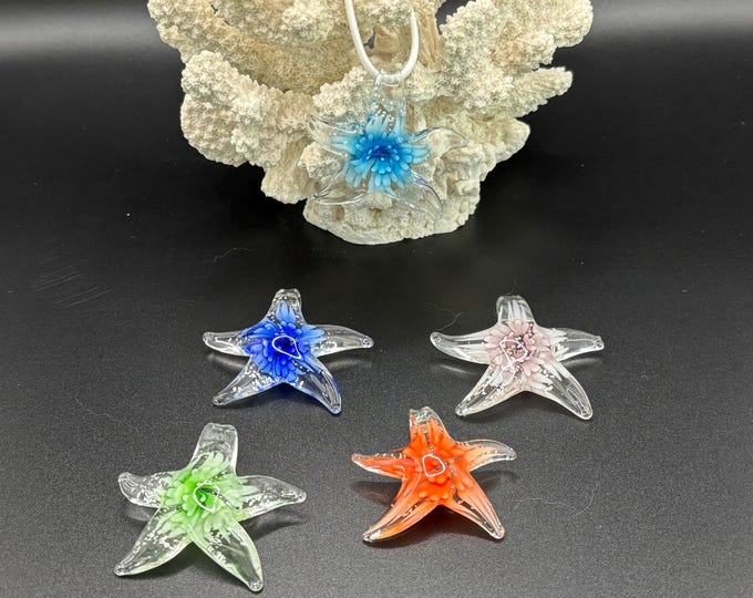 Luminous Flower Glass Starfish Necklace | Starfish Pendant Necklace | Starfish Jewelry | Glass Starfish Pendant | Necklace With Cord