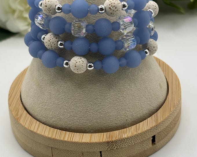 Periwinkle Blue and White Lava Rock Seaglass  Memory Wire Bracelet | Seaglass Jewelry | Beach Glass Bracelet | 8mm Rounds |