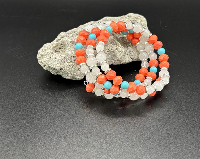 White Moonstone Bracelet  | Memory wire bracelet | Multistrand bracelet | Moonstone Gemstones | Turquoise Howlite