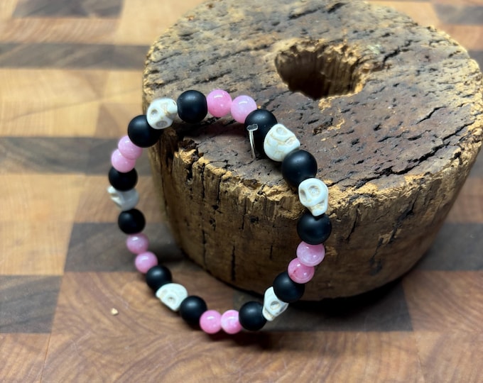 Pink Jade Gemstones | Halloween Gemstone bracelet | Stretch Bracelet | Skull bracelet | Pinkoween