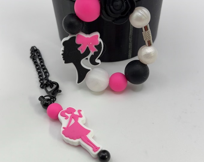 Girly Hot Pink and Black Stanley Cup Bracelet:  Cup Handle Bracelet | Straw Charm | Purse Bracelet | Barbie Inspired