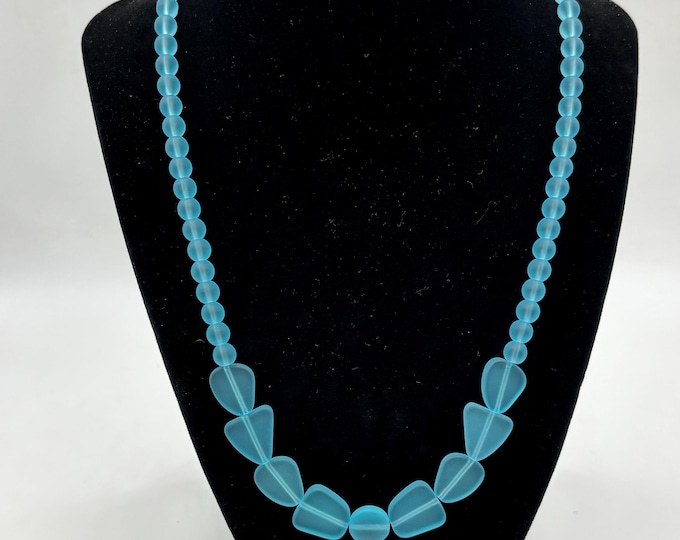 Turquoise Blue Seaglass Necklace | Seaglass Necklace | 6mm Beads with larger Freeform Pieces  | Statement Necklace