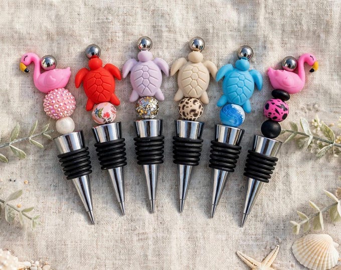 Flamingo and Turtle Wine Bottle Stoppers | Cork Screws :  Silicone Beaded Bottle Stopper | Wine Gifts  | Barware
