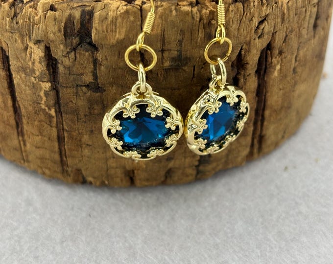London Blue Rhinestone Earrings  | Gold Ear Wire | Blue Earrings