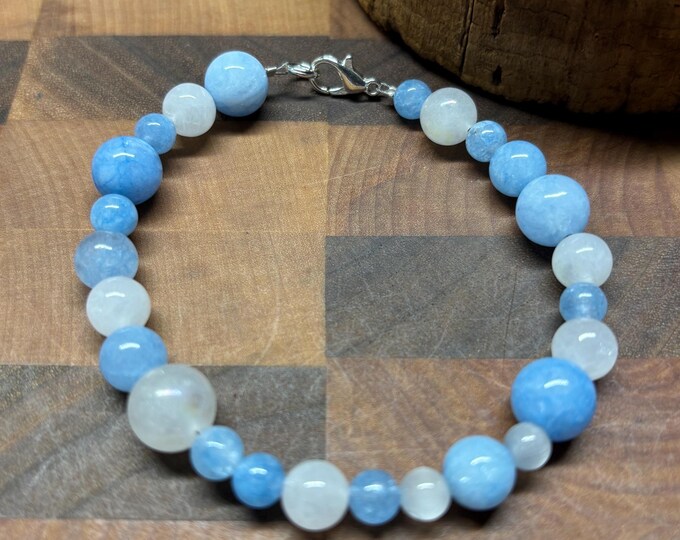 Aquamarine Moonstone Gemstone Bracelet: 8 Inch Unisex Design