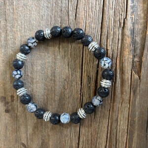 黒溶岩石 | 龍脈瑪瑙宝石 | ストレッチブレスレット | メンズまたはレディースブレスレット