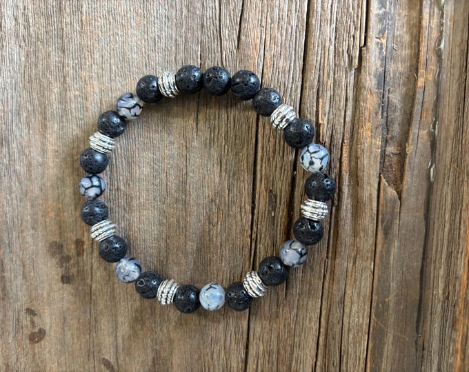 Black Lava Rock | Dragon Vein Agate Gemstones | Stretch Bracelet | Mens or Ladies Bracelet