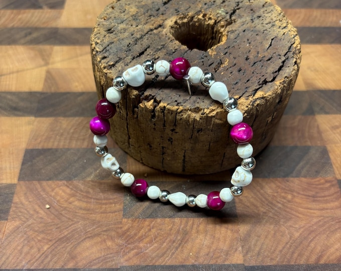 Pink Tiger eye Gemstones | Halloween Gemstone bracelet | Stretch Bracelet | Skull bracelet | Pinkoween