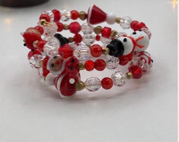 Lampwork Glass Christmas Bracelet:  Holiday  Jewelry |  Multi Strand Bracelet | Memory Wire Bracelet |