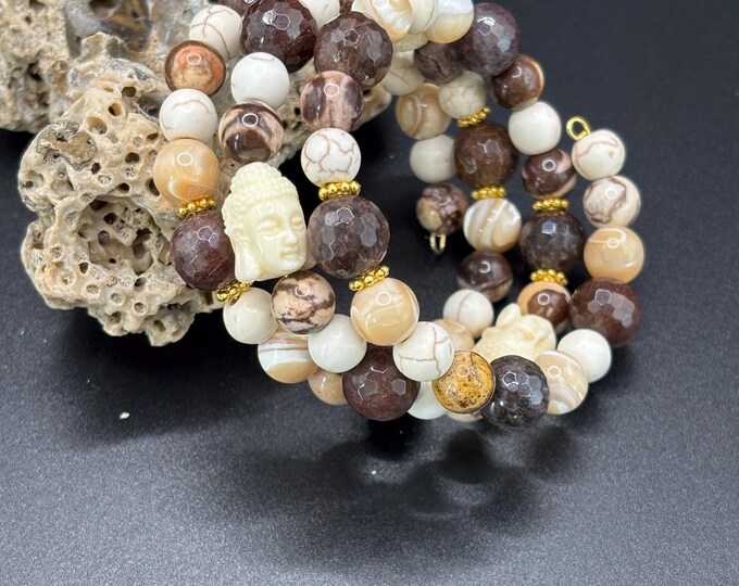 Brown and Tan Gems | Memory Wire Bracelet | Multi-Strand Bracelet | Quartz and Howlite Gemstones | MOP  and Jasper Gemstones | Buddha Beads