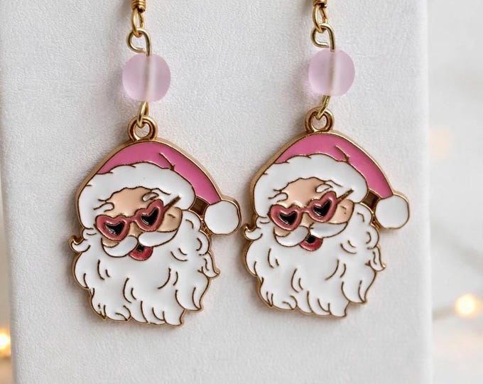 Pink Seaglass Santa Earrings  | Holiday Earrings  | Pink Santa Earrings  | Christmas Earrings |