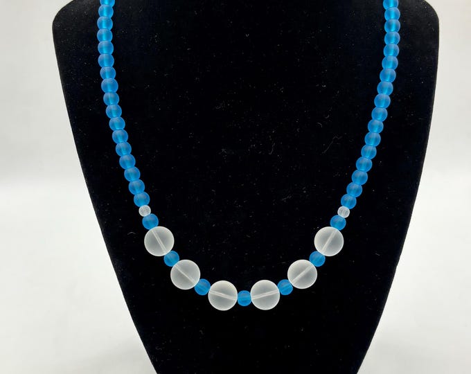 Peacock Blue  and White Seaglass Necklace | Seaglass Necklace | 6mm Beads and White Rounds | Statement Necklace