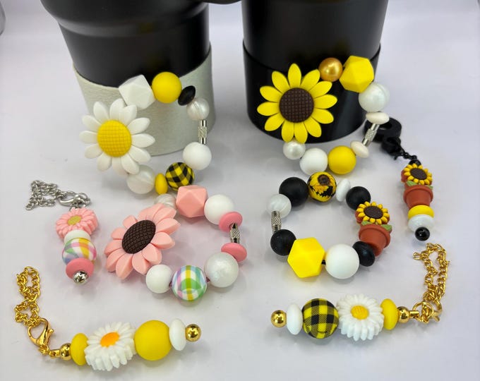 SunFlower Pink Stanley Cup Bracelet:  Cup Handle Bracelet | Straw Charm | Sunflowers