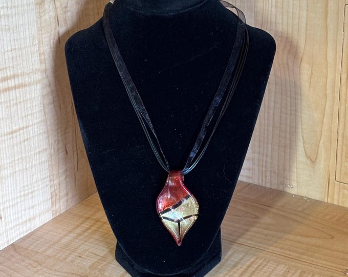 Red Leaf Murano Inspired Pendant  Necklace | Glass Leaf Pendant | Copper Sand Accent | Lampwork Pendant | Necklace With Cord