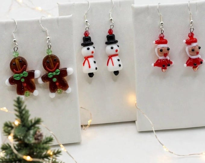 Lampwork Gingerbread Santa Snowman Christmas Earrings | Holiday Earrings | Christmas Earrings | Sterling Silver