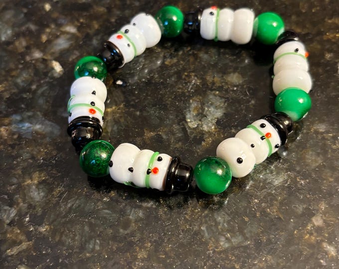 Lampwork Glass Christmas Bracelet:  Holiday  Jewelry Stretch Bracelet | Snowman Bracelet 7 1/2