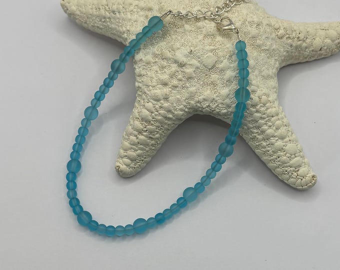 Turquoise Blue Seaglass Anklet | Blue Seaglass | Seaglass Anklet | Minimalist 4mm beads