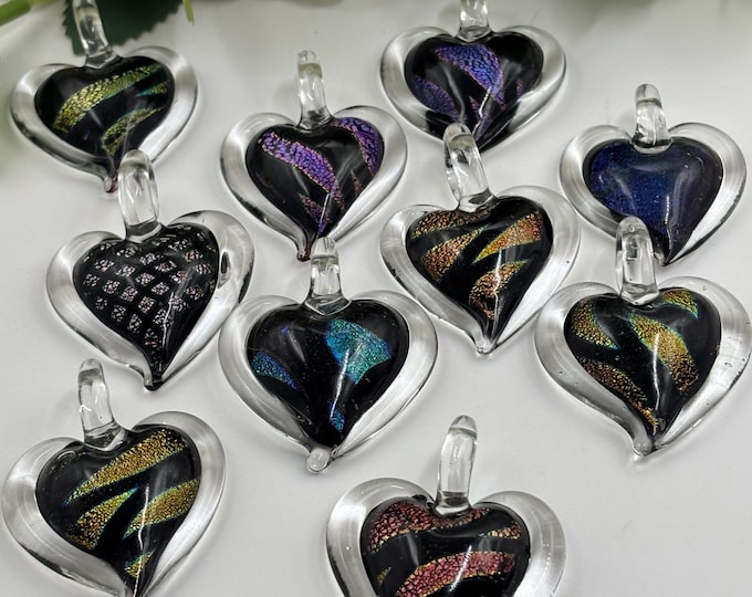 Dichroic Lot of 10 Lampwork Heart Pendants  | Glass heart Pendant | Wholesale Value Pack | Starter pack