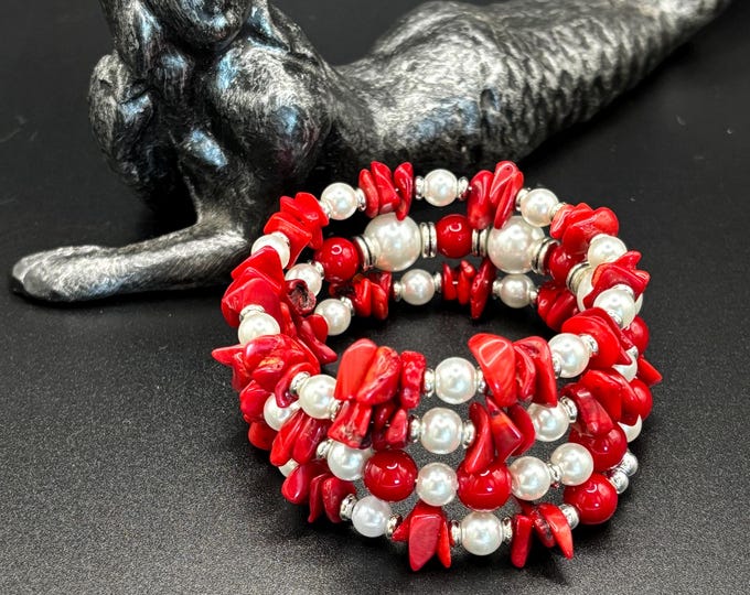 Red Coral and White Pearl bracelet | Memory wire bracelet | Multistrand bracelet | Coral gemstones |