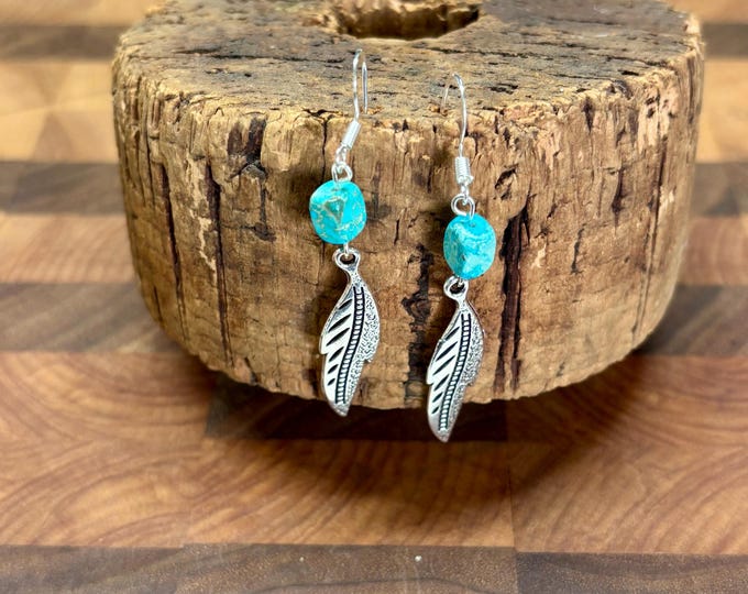 Feather Earrings | Bohemian Earrings | Silver Feather Earrings | Turquoise Accent | Imperial Jasper Accent  | Boho Style