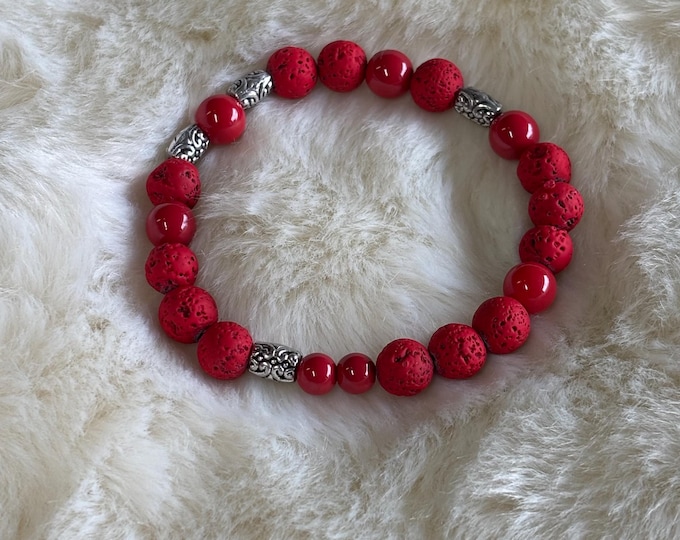 Red Coral and Red Lava  Gemstones | Gemstone bracelet | Stretch Bracelet | Morse Code bracelet | Badass