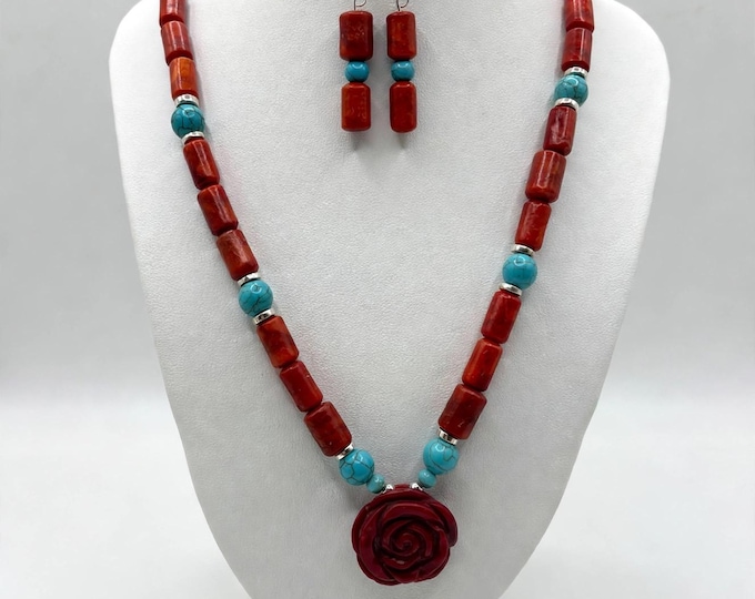 A Statement Turquoise and Coral  Necklace | Gemstone Necklace  | Western Style Statement Necklace | Carved Coral Flower | Set option