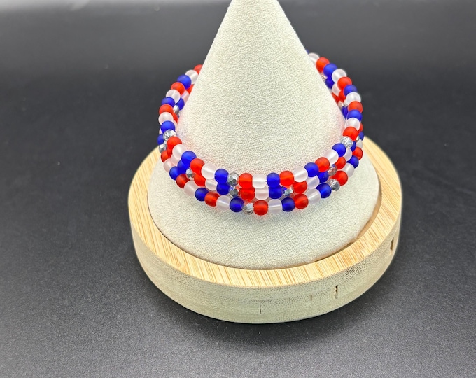 Red White and Blue Seaglass Memory Wire Bracelet | Seaglass Jewelry | Beach Glass Bracelet | 4mm Rounds |  Patriotic | Minimalist