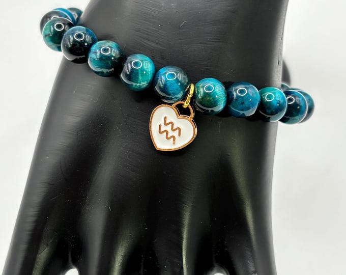 Zodiac Aquarius Gemstone Bracelet | Aquarius Blue Tiger Eye Bracelet  | Stretch Bracelet