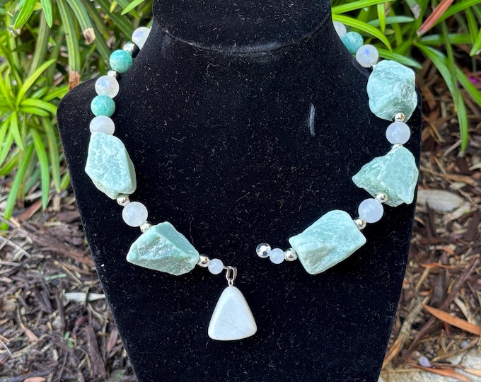 Amazonite Statement Necklace | Amazonite Moonstone and  Aventurine Gemstones | White Howlite Pendant | Choker Style Necklace