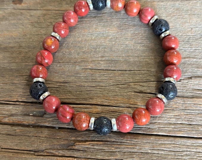 Black Lava Rock | Red Jasper Gemstones | Stretch Bracelet | Mens or Ladies Bracelet