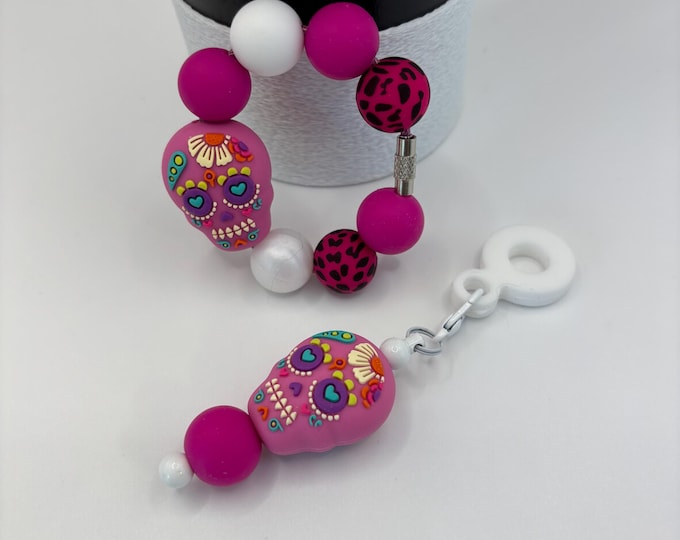 Sugar Skulls White and Black Stanley Cup Bracelet:  Cup Handle Bracelet | Straw Charm | Purse Bracelet | Halloween | Skull