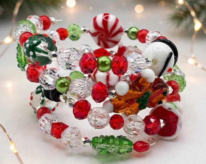 A Christmas Bracelet | Lampwork Glass Statement Bracelet:  Holiday Cuff Bracelet |  Multi Strand Bracelet | Memory Wire Bracelet |