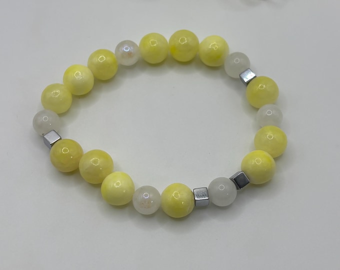 Yellow Jade and Moonstone Gemstone Bracelet | Gemstone bracelet | Stretch Bracelet | Morse Code bracelet | Badass |
