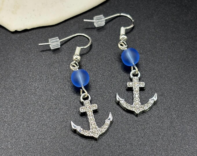 Silver and Crystal Anchors |  Seaglass Earrings | Seaglass | Beach Glass Earrings on Sterling Silver