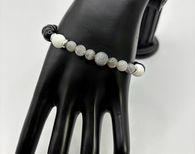 Birth Month December Gemstone Bracelet | White Lava | Onyx | Labradorite  Gemstone Beads | diffuser  | Stretch Bracelet